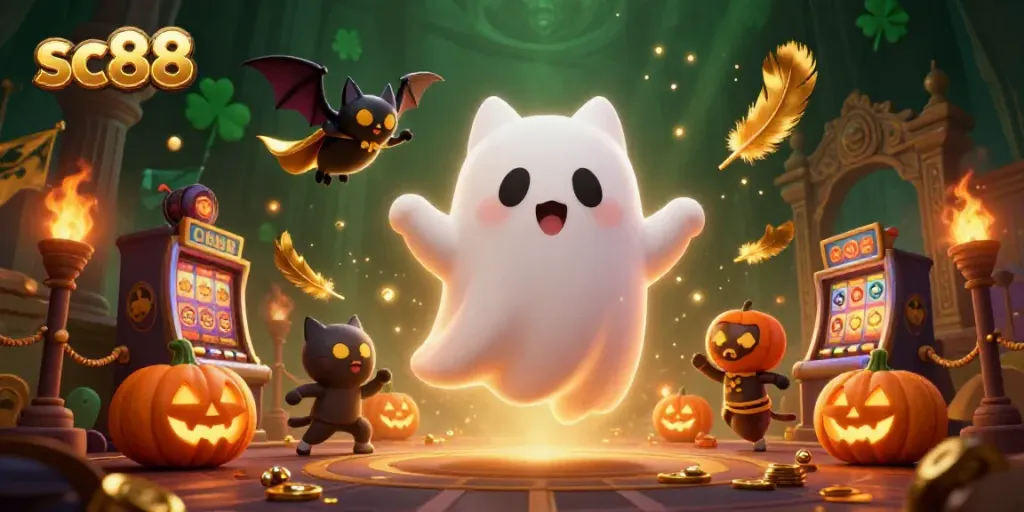 Join the ghost cat and vampire bat in the sc88 haunted casino adventure with glowing jack-o-lanterns.