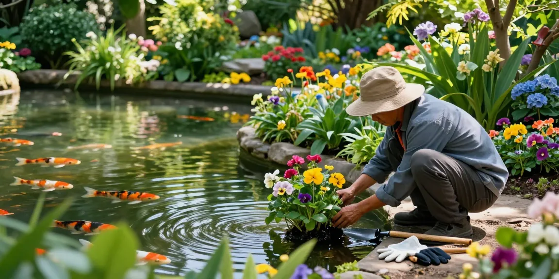 Pond plants flourishing in a serene garden setting with a gardener nurturing flowers beside the tranquil pond.