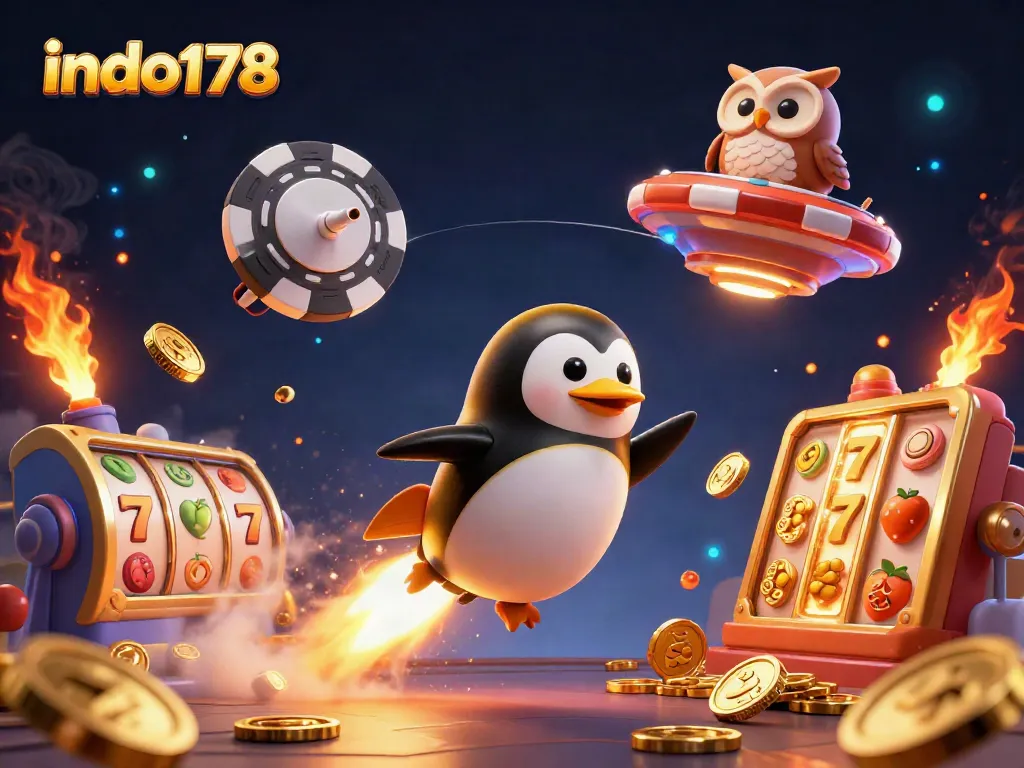 Experience excitement with indo178 as a golden penguin races toward a casino space station.