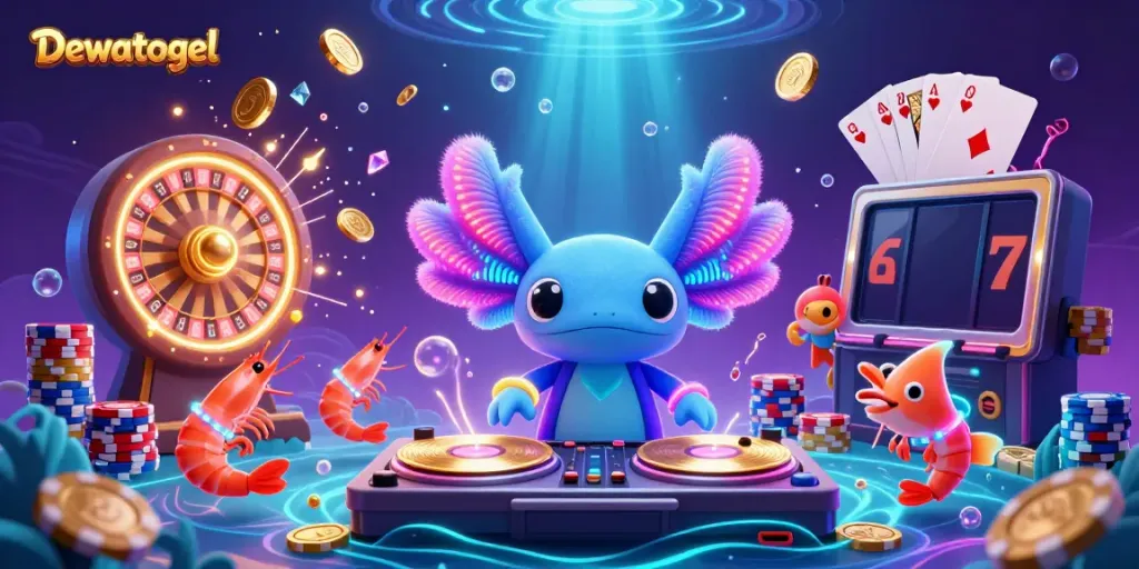 Engage with Dewatogel at this vibrant 3D illustration featuring energetic underwater characters and dynamic casino elements.