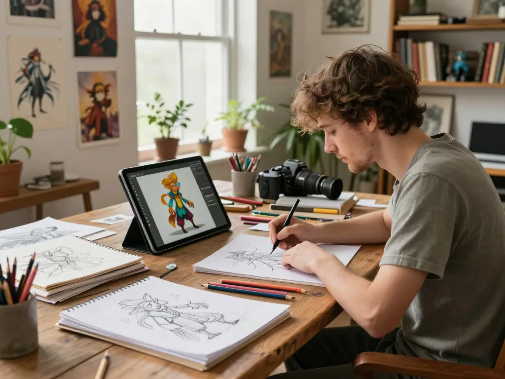 An artist using an AI character sheet generator at a creative workspace filled with sketches and vibrant character designs.