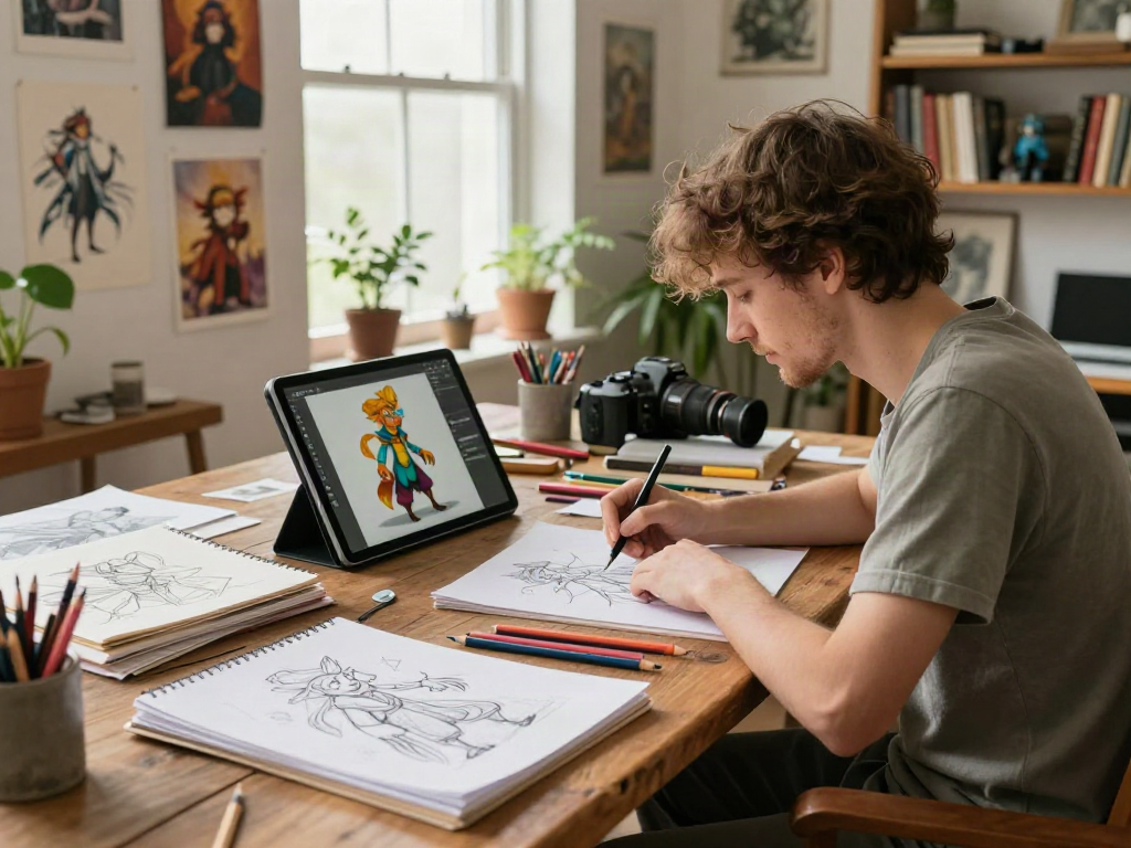 An artist using an AI character sheet generator at a creative workspace filled with sketches and vibrant character designs.