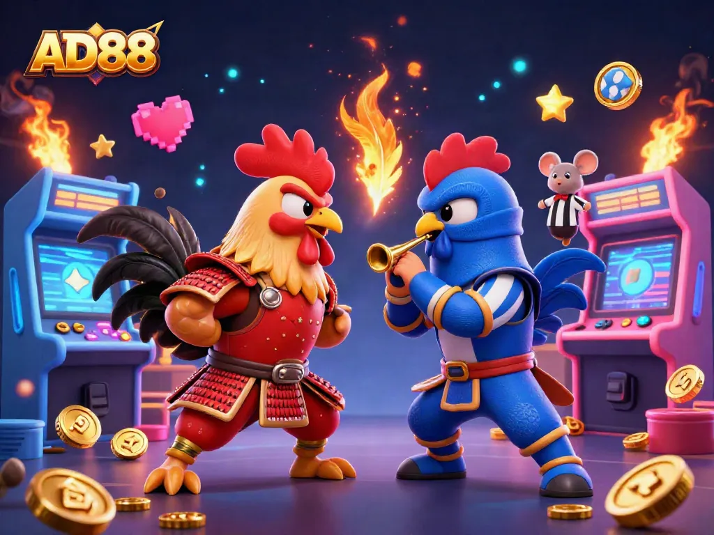 Engage with AD88 in an exhilarating scene featuring dynamic duel between samurai and ninja roosters.