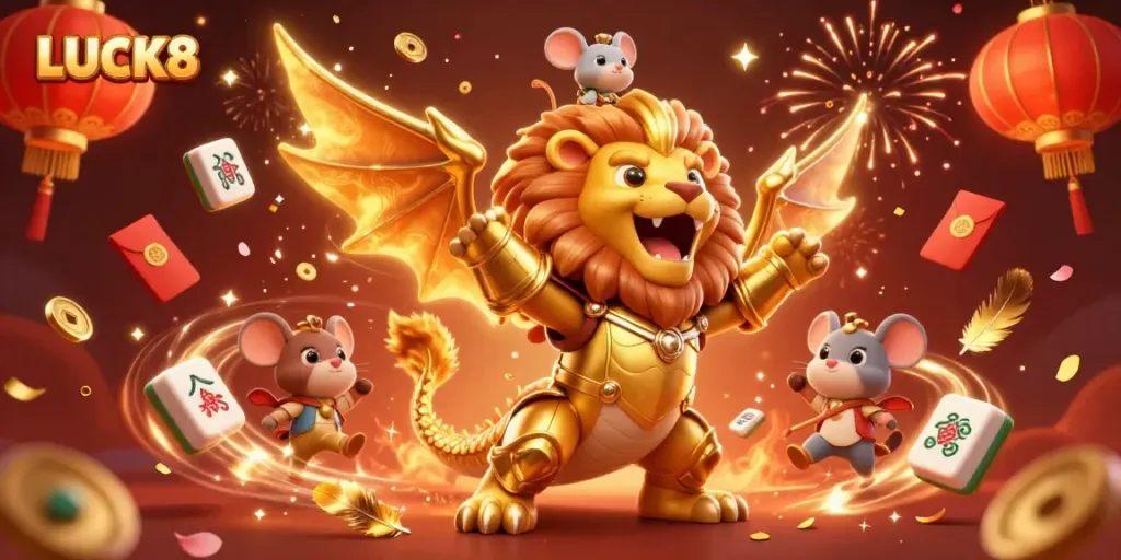 Experience LUCK8 excitement with a triumphant golden chimera and festive casino elements.