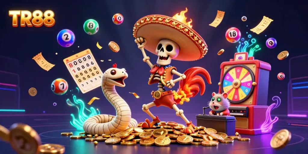Engage in thrilling TR88 casino experiences with vibrant, dynamic lottery games and character animations.