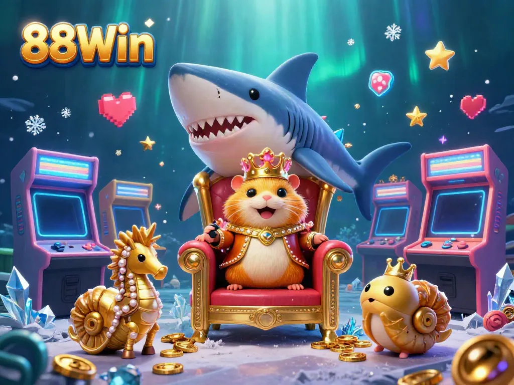 Experience the excitement of 88Win with a cartoon king and guards in this vibrant casino scene.