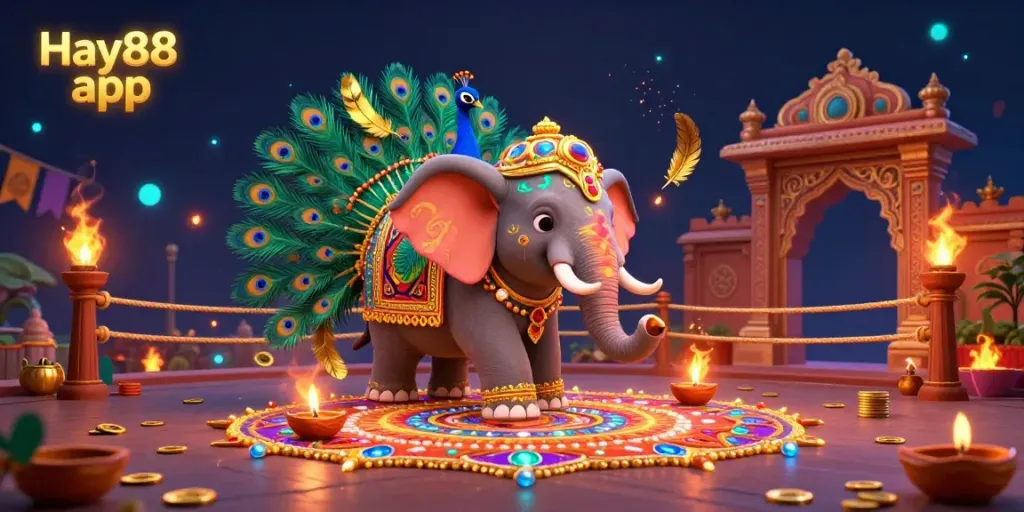 Engage with the Hay88 app in a colorful 3D scene showcasing an elephant and peacock amid exciting gambling elements.