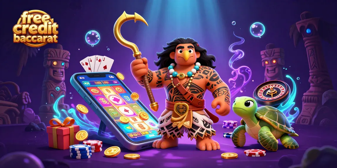 Experience the excitement of free credit baccarat with this dynamic scene featuring a Polynesian demigod and engaging casino elements.