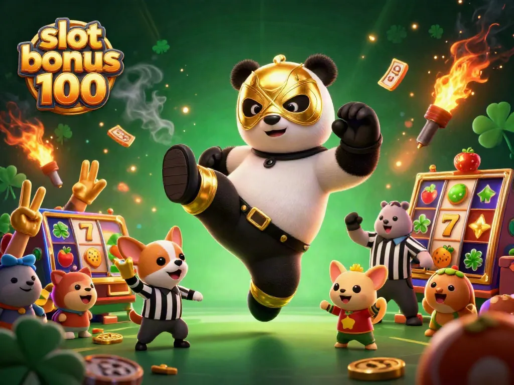 Experience the thrill of winning with slot bonus 100 in this dynamic casino illustration featuring a panda wrestler and a chihuahua referee.