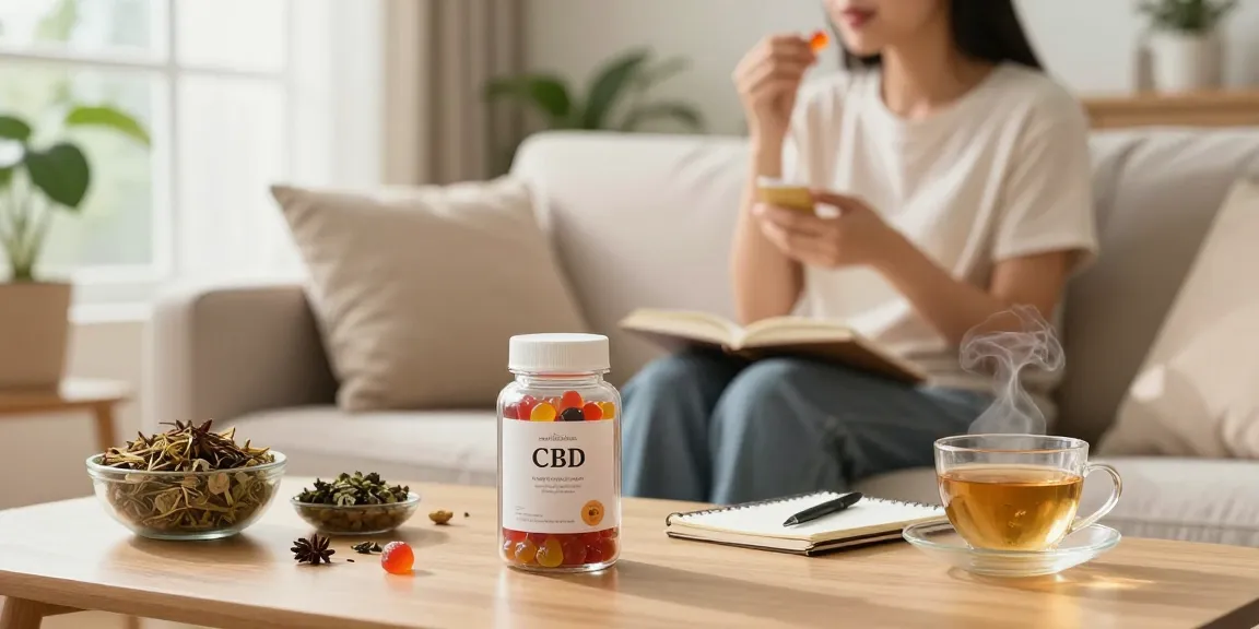 Enjoying CBD gummies in a serene living room, promoting wellness.