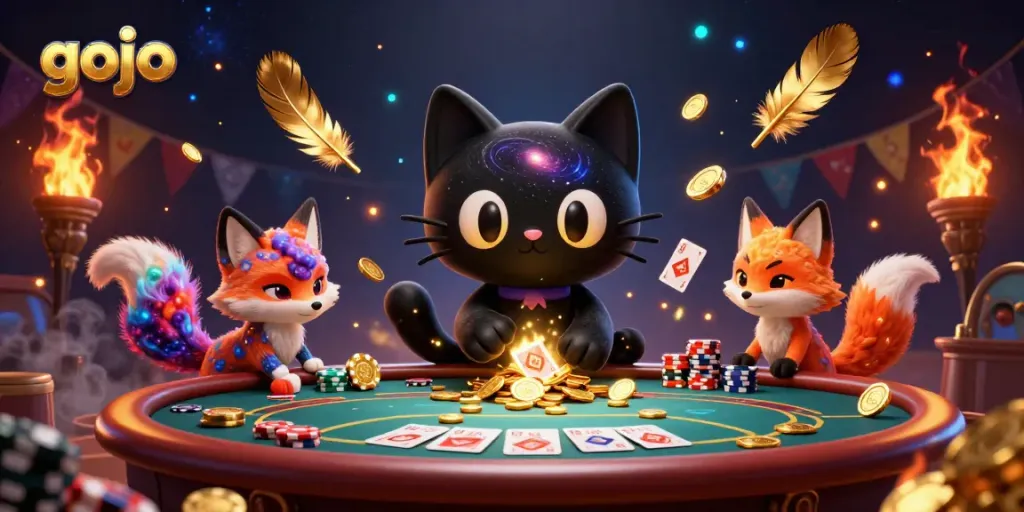 Gojo engages in an epic casino showdown, drawing in chips while a nebula fox watches.