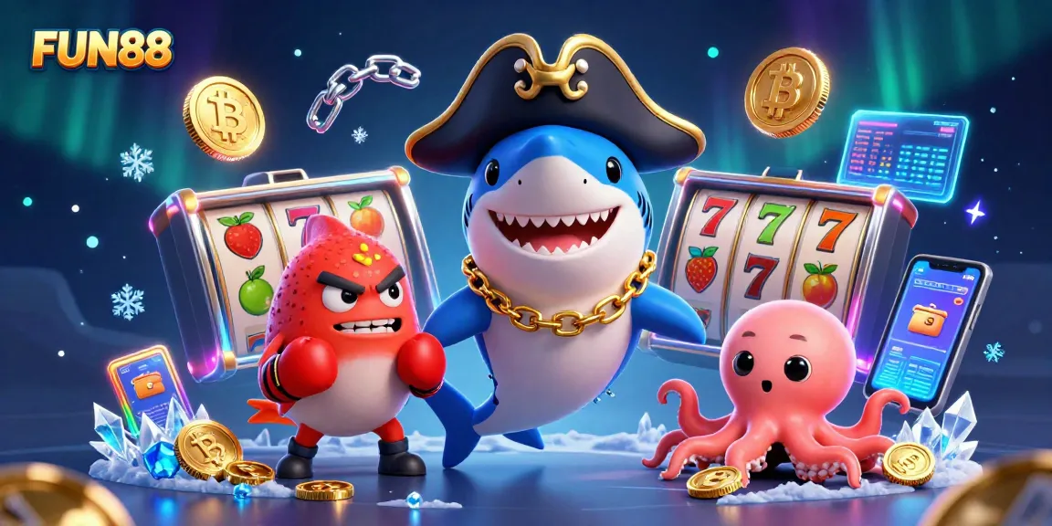 Join the excitement with FUN88's dynamic casino scene featuring a pirate shark, pufferfish, and octopus.