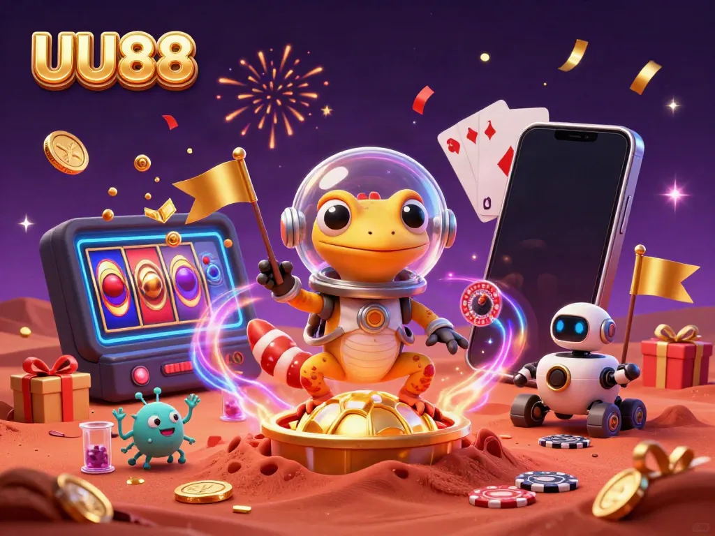 Spin the reels with UU88's vibrant casino scene featuring a Martian gecko and gold coins!