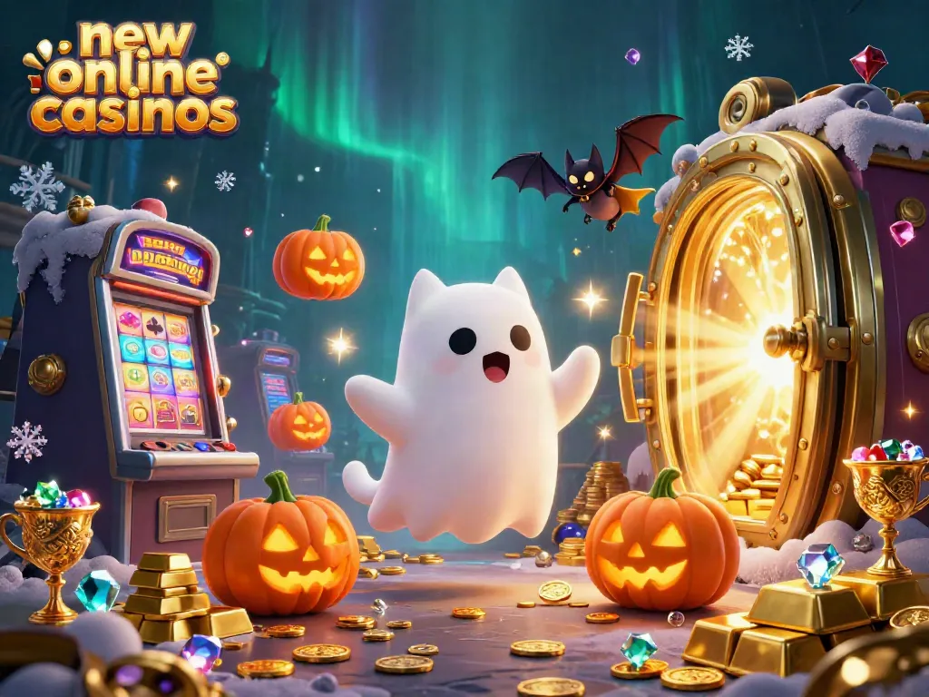 Explore new online casinos with a ghost cat and bat surrounded by treasures and gaming elements.