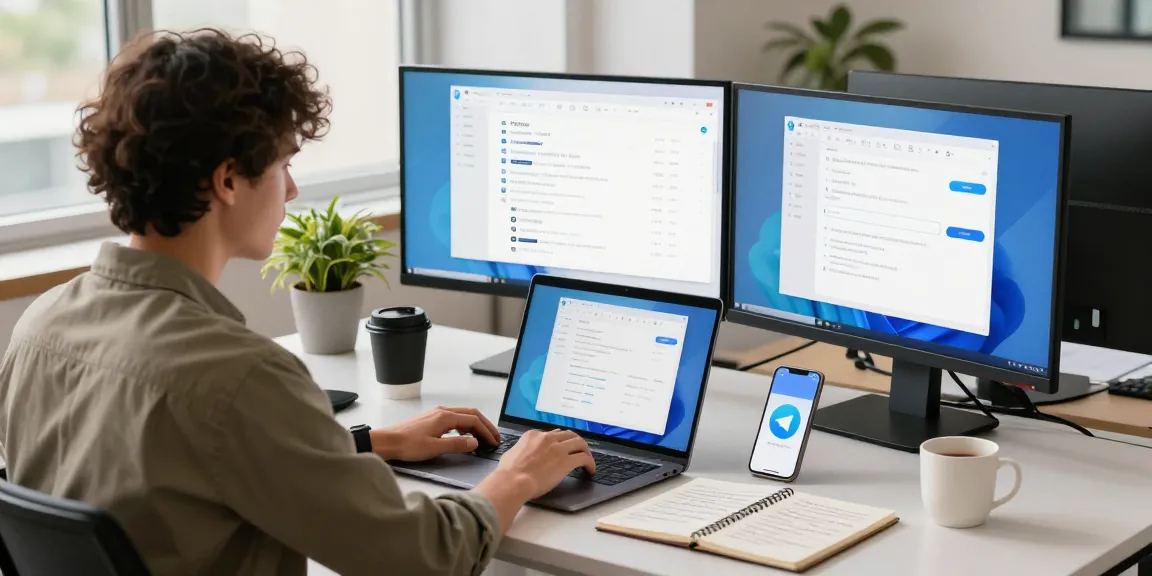 Download Telegram app on a laptop in a modern workspace for secure communication.