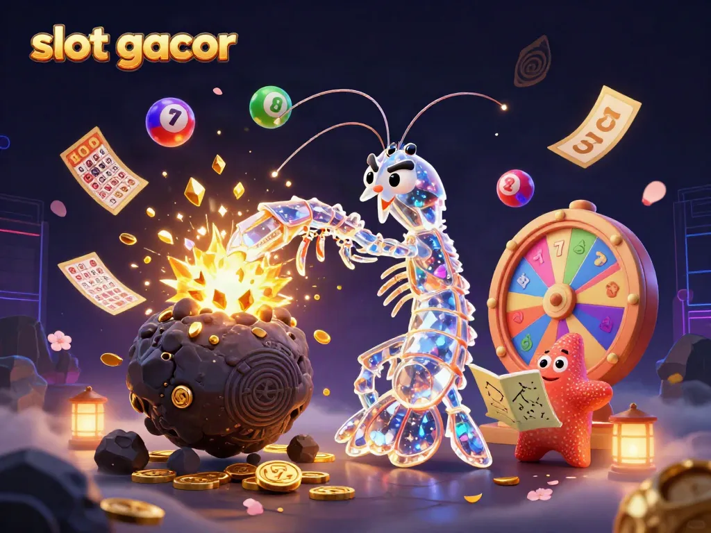 Engaging scene of slot gacor featuring a galactic samurai mantis shrimp with golden gems amidst slot reels and colorful dynamics.