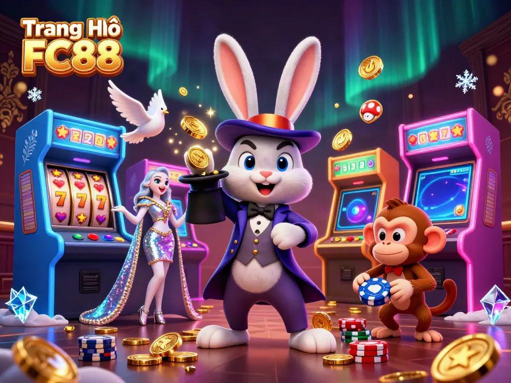 Experience the magic at Trang Chủ FC88 with a whimsical 3D illustration featuring a magician rabbit, dove, and monkey in a vibrant casino setting.