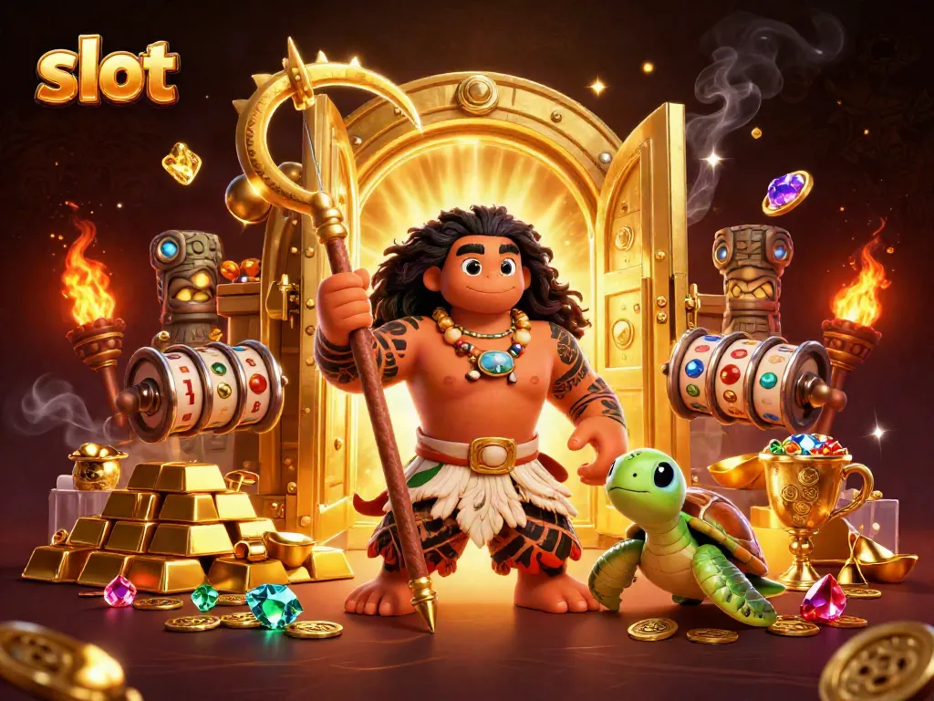 Permainan slot menarik dengan pahlawan 3D di latar bercahaya dan harta berlimpah.