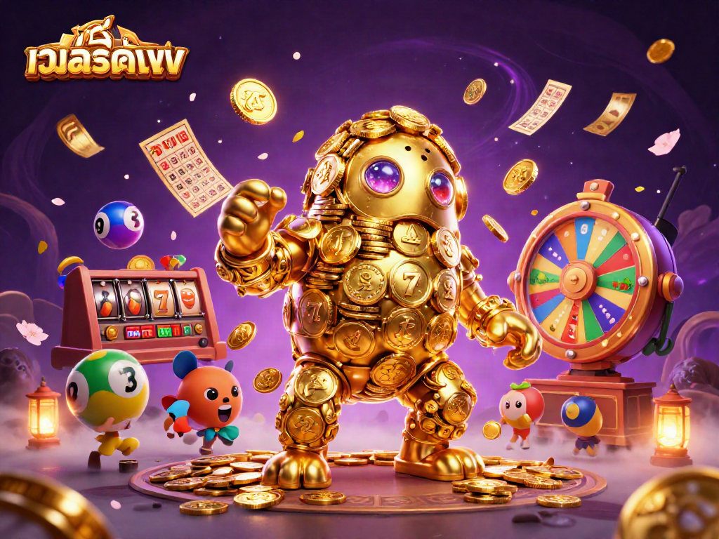 Engage with เว็บสล็อตตรง in this vibrant 3D illustration of a golden golem surrounded by casino elements.