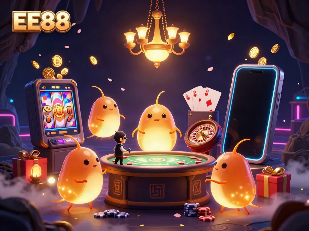 Experience the vibrant EE88 casino scene with a glowworm team illuminating gameplay elements and a bat dealer.