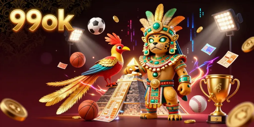 Experience the thrill of 99ok with dynamic sports elements and a vibrant Mayan-inspired casino scene.