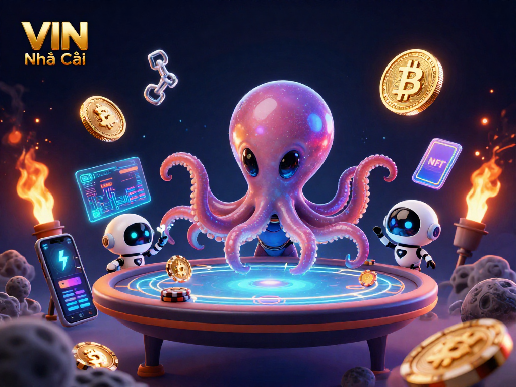 Experience vibrant gaming action at VIN Nhà cái with an alien octopus at a holographic poker table.