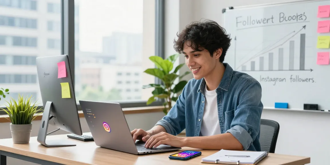 Social media manager analyzing strategies to gain real Instagram followers in a vibrant office.