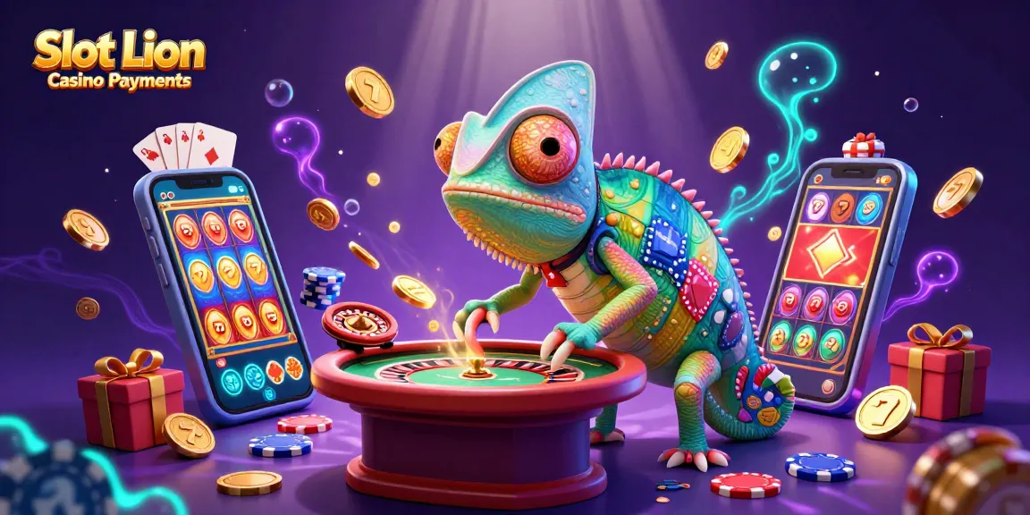 Experience fast and secure Slot Lion Casino Payments with vibrant gaming atmosphere and chameleon character.