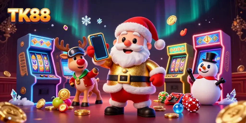 Experience thrilling jackpots with TK88 at this festive casino scene featuring Santa and friends.
