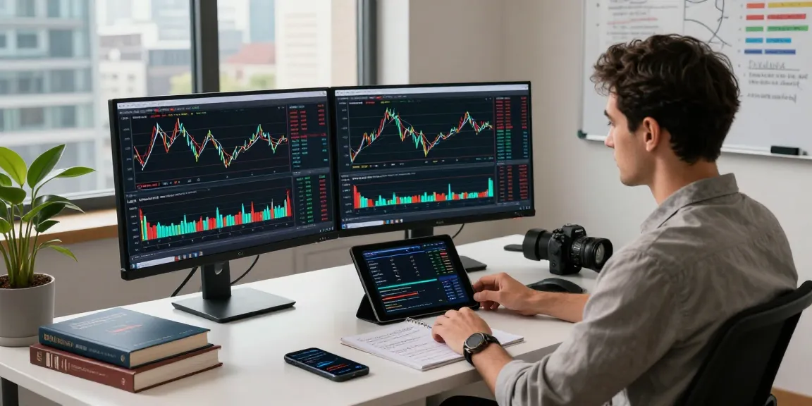 Trader using MetaTrader 5 on dual monitors in a modern workspace.