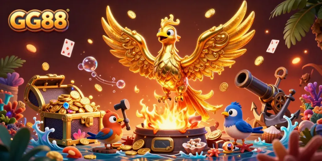 Experience thrilling gaming with GG88's golden phoenix and rich treasure scene.