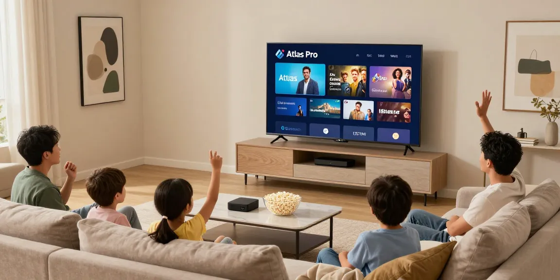 Family enjoying streaming content with Atlas Pro on a flat-screen TV in a cozy living room.