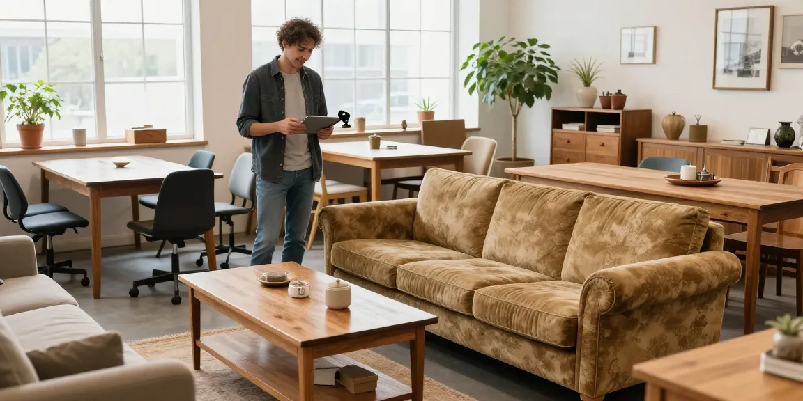 شراء أثاث مستعمل بالرياض, evaluating second-hand furniture in a bright cozy showroom.