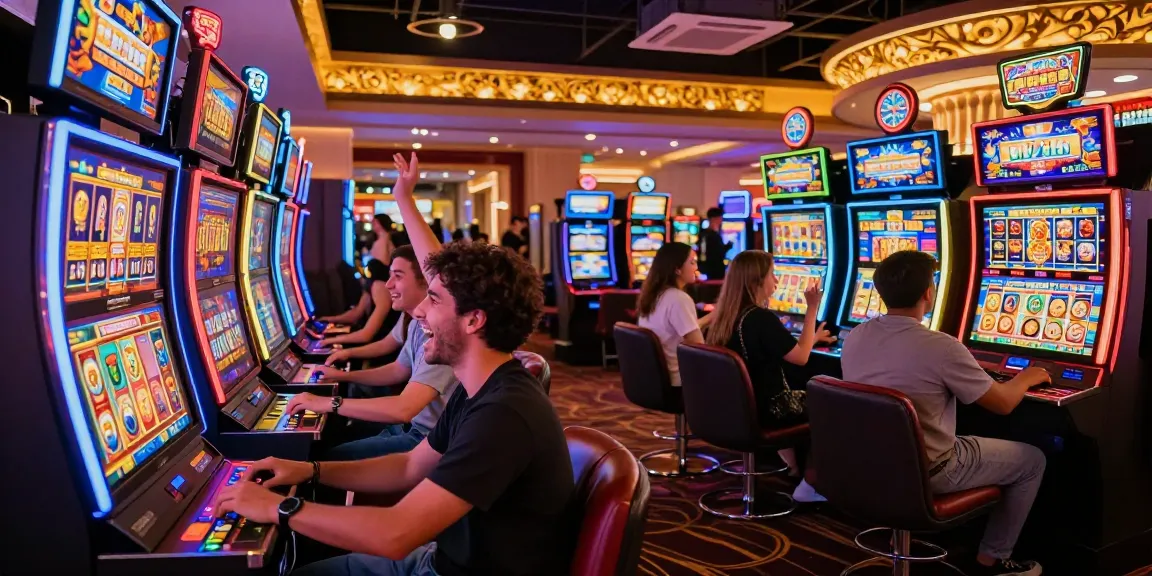 Exciting scene of slot depo 10k players enjoying colorful slot machines in a lively casino atmosphere.