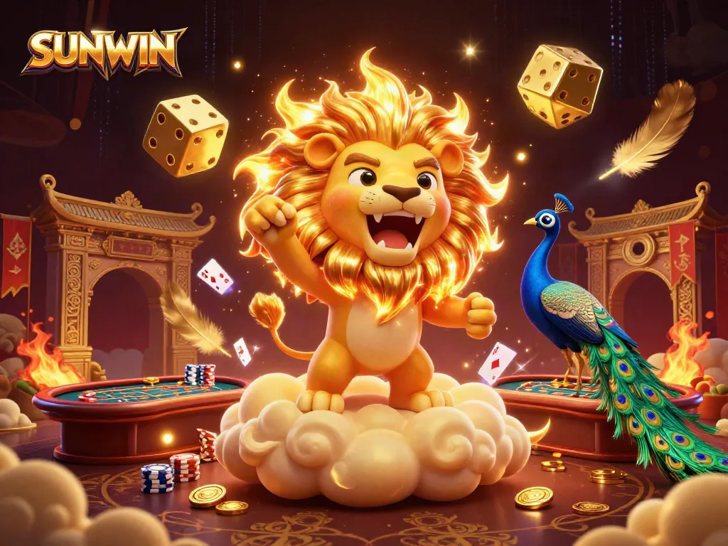 SUNWIN showcases a roaring sun lion with cosmic dice and vibrant casino elements to enhance gaming excitement.