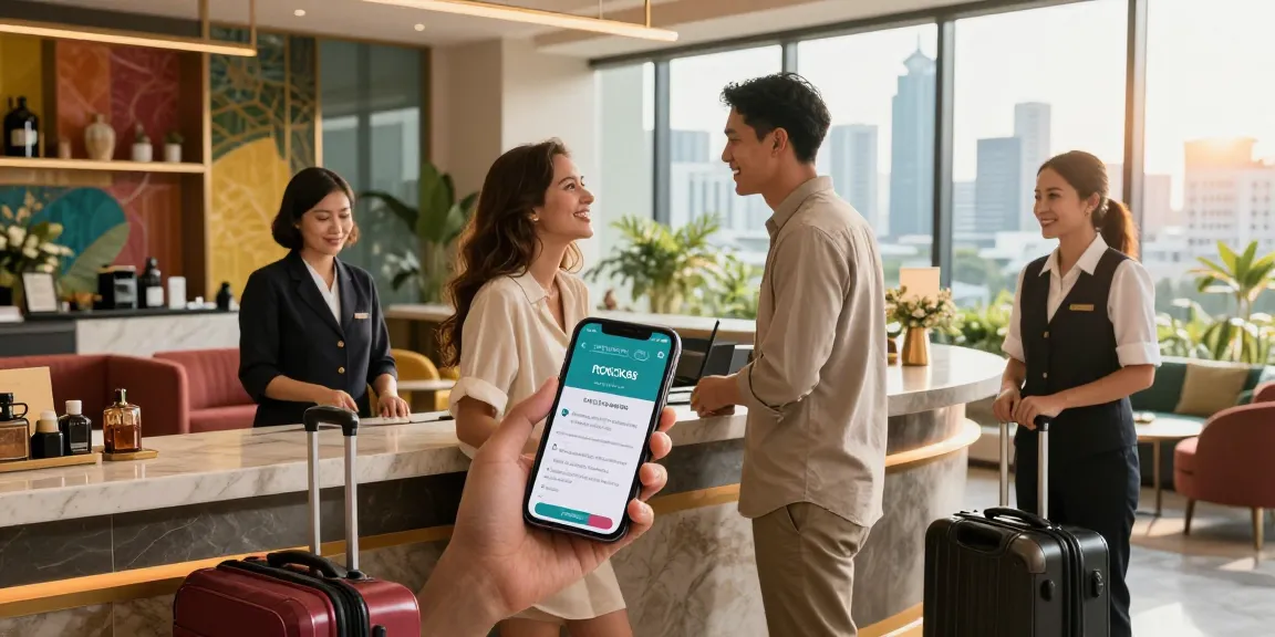 Couple booking at hotel reception showcasing rokok88 slot booking app in Jakarta Barat.
