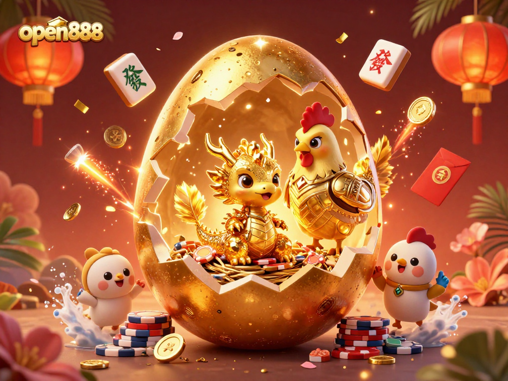 Experience excitement with open888 as a golden dragon emerges from a casino treasure egg.