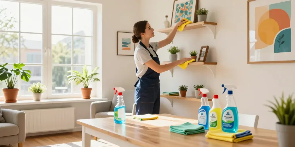 End of lease cleaning Melbourne with a professional cleaner in a bright living room.