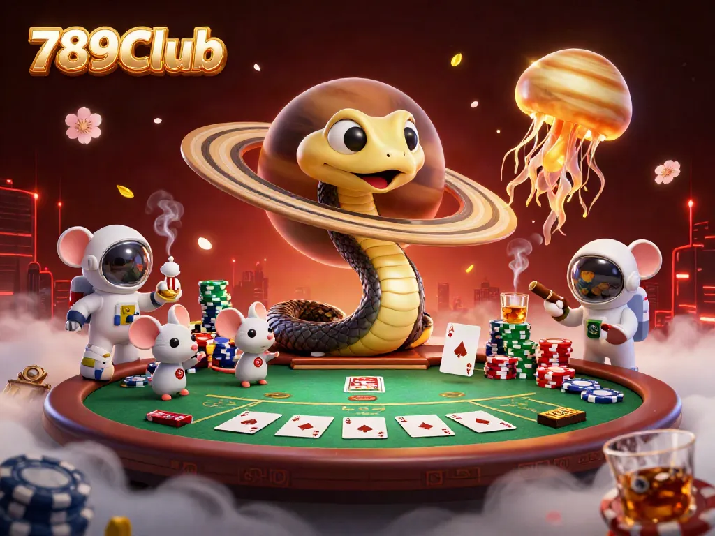 Engaging scene depicting 789Club with a cosmic dealer and betting astronaut mice at a vibrant casino.