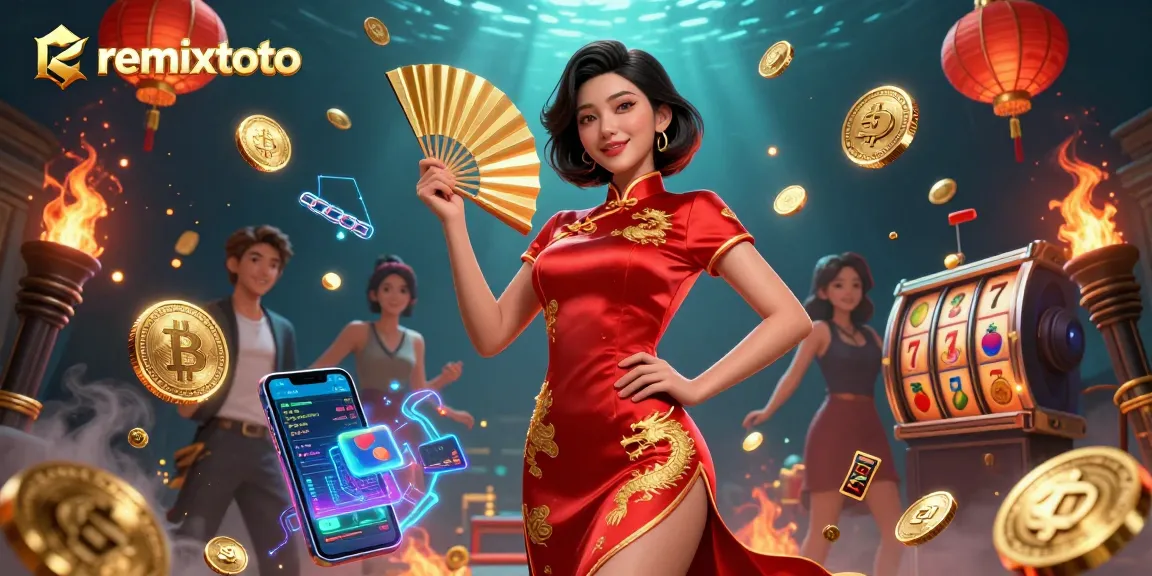 Experience remixtoto gaming with vibrant visuals featuring a confident Asian woman in a luxurious setting.