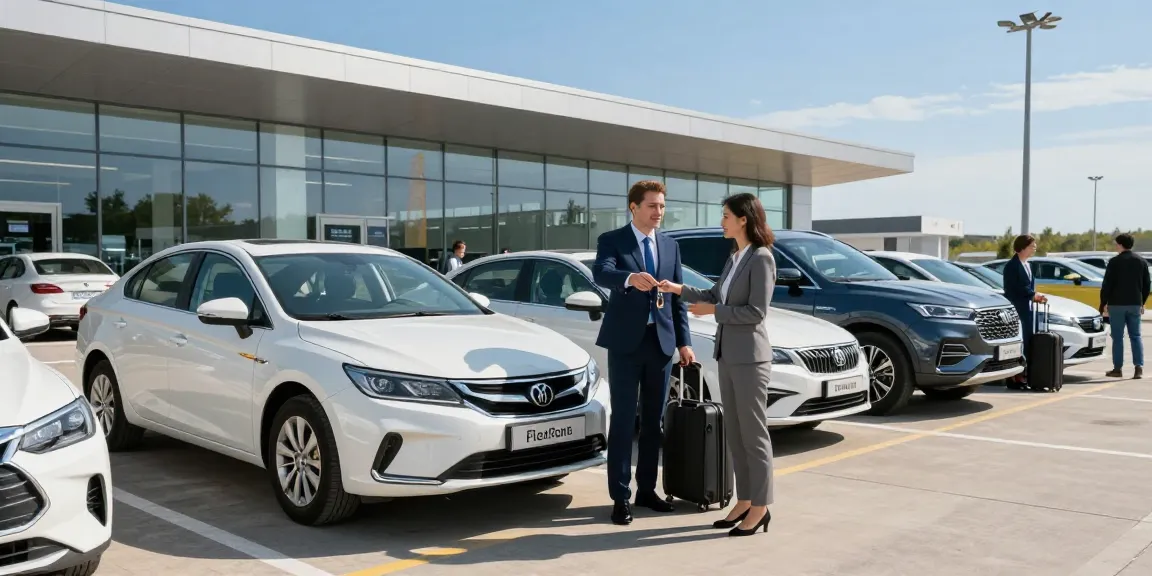 FlexRent car rental service at Chișinău Airport, showcasing friendly customer interaction.