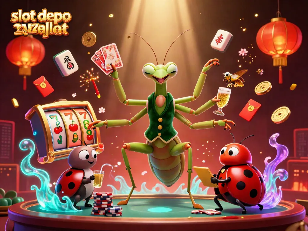 Permainan slot depo ewallet 24 jam dengan karakter pria belalang dan ladybug di kasino digital yang berkilau.