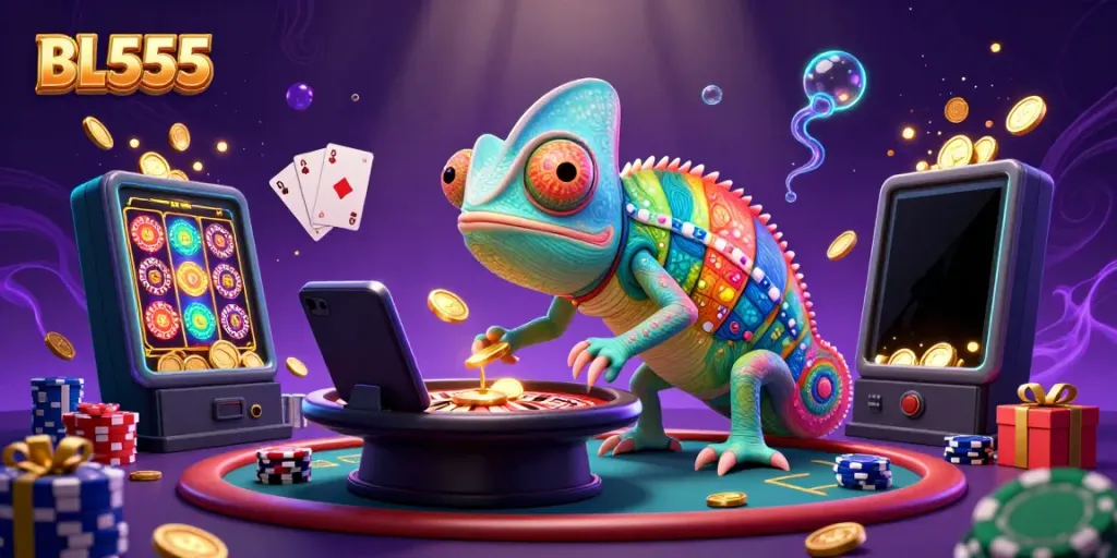 Experience the engaging world of BL555 casino with vibrant chameleon character and dynamic gaming elements.