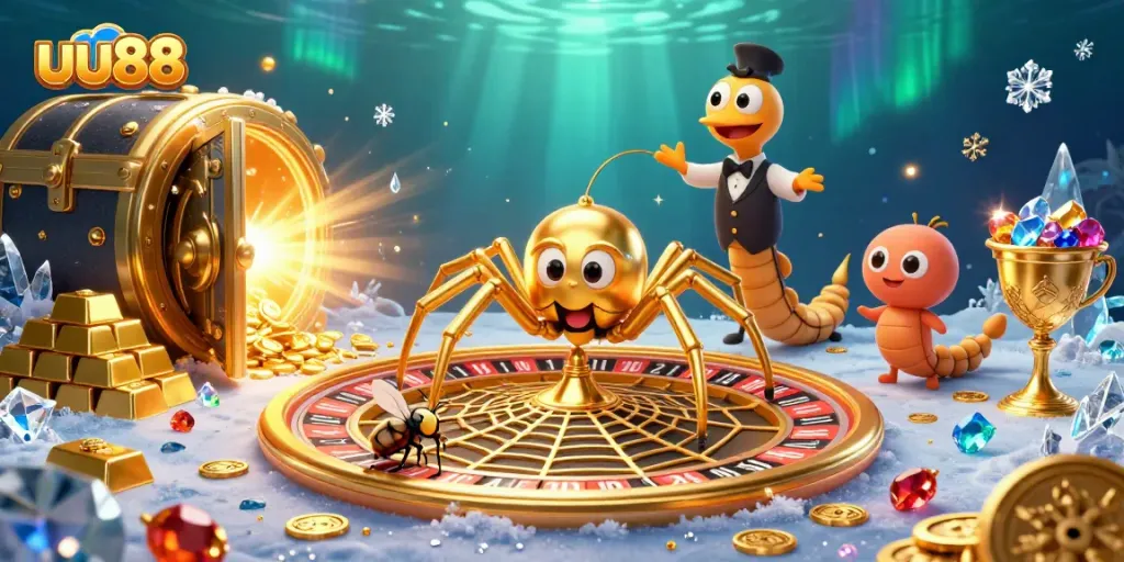 uu88 players placing bets at a roulette wheel in a vibrant 3D casino scene full of treasure.