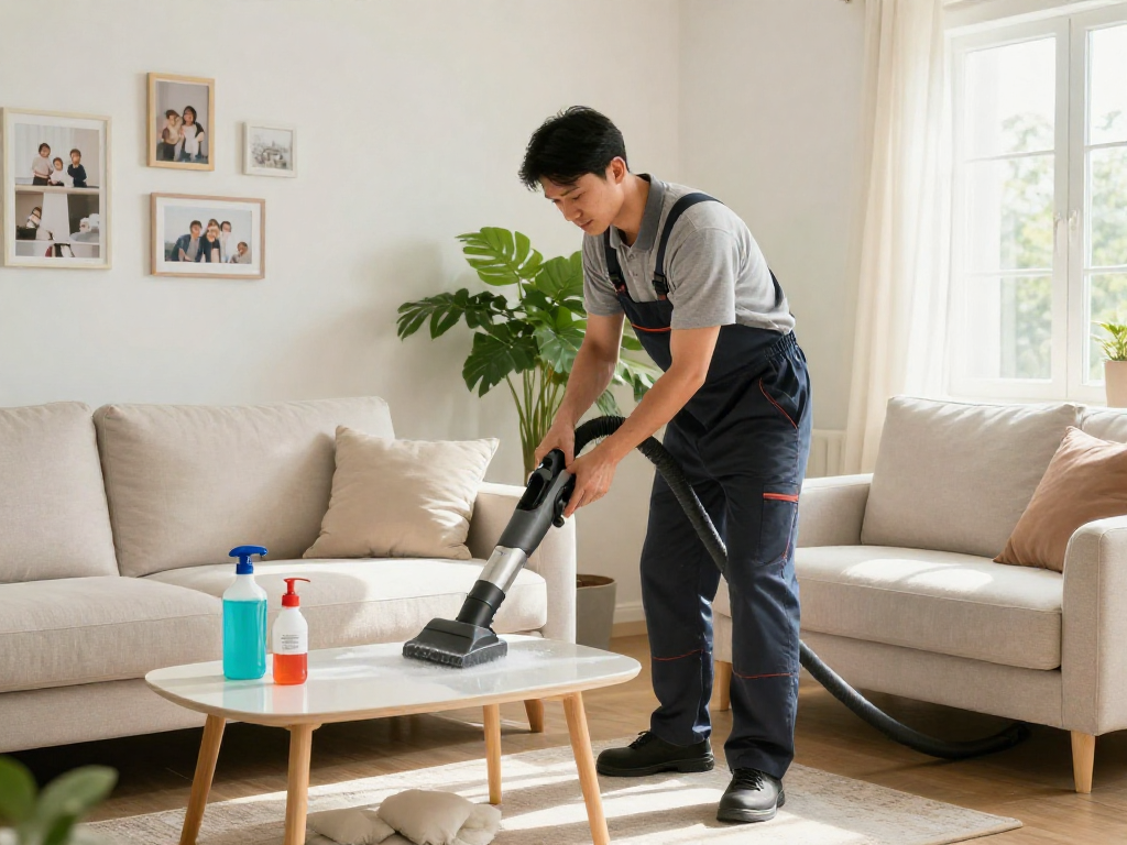 Pranie tapicerki w Wrocławiu wykonane przez Panda Cleaner, czysta kanapa w jasnym salonie.