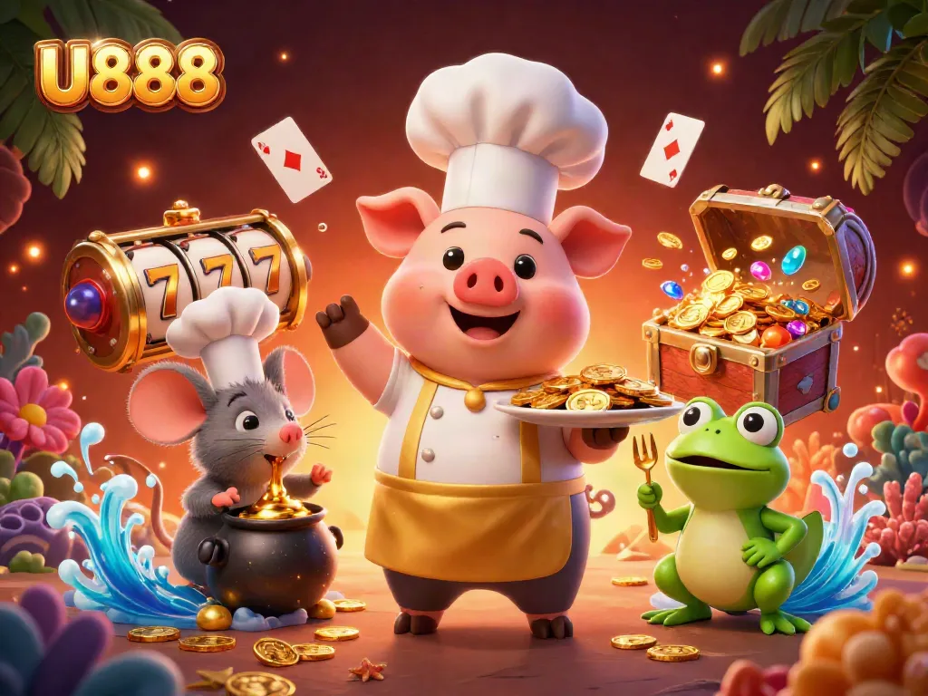 Experience winning with U888 in this vibrant 3D casino-themed illustration featuring unique characters.