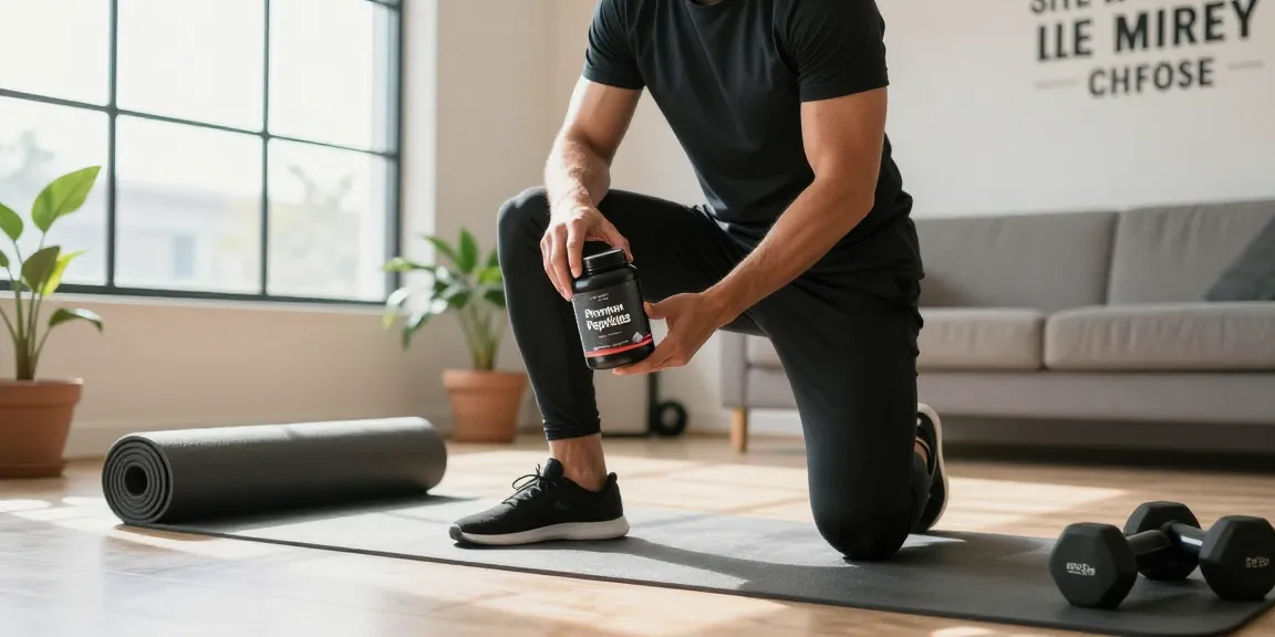 Buy peptides Canada easily with premium supplements in a modern home gym setting.