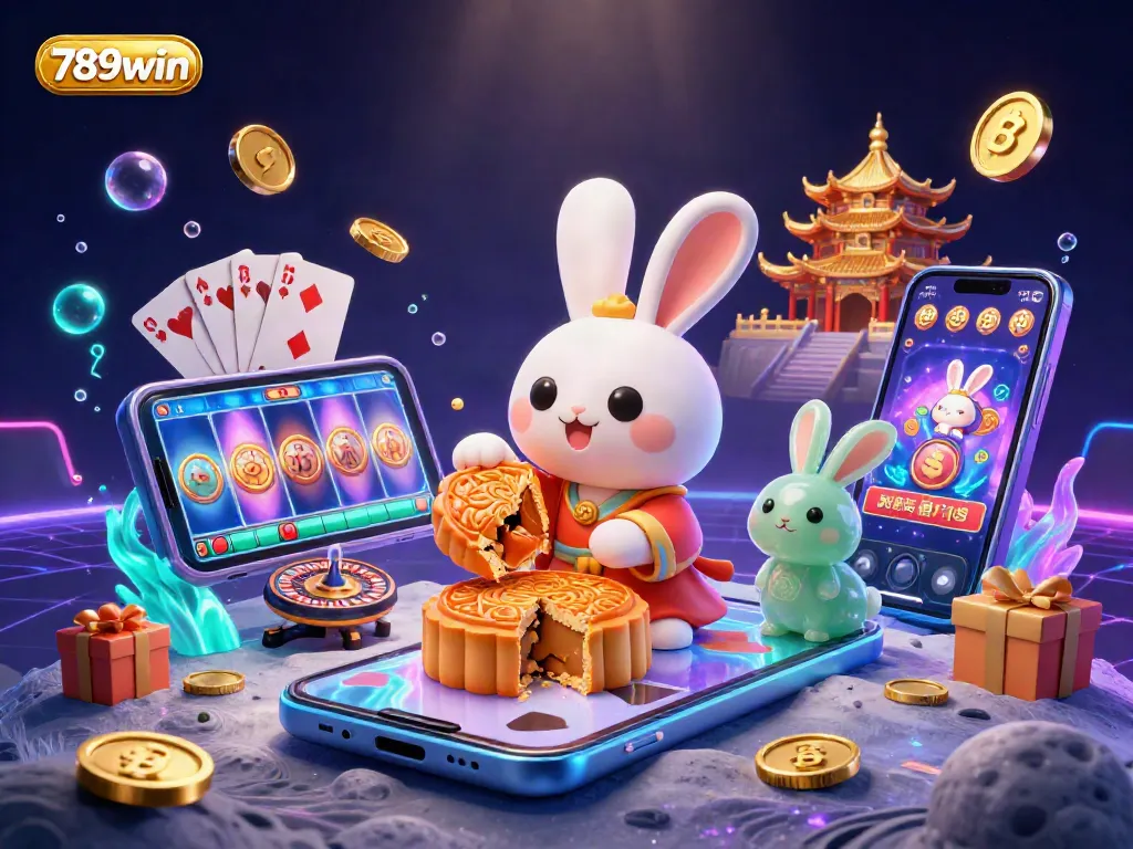 Experience thrilling games with 789win as the moon rabbit reveals poker chips in vibrant casino art.