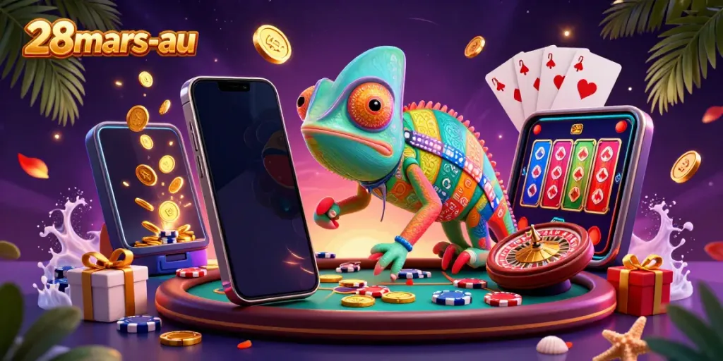 Experience thrilling moments at 28mars-au with dynamic casino scenes featuring our vibrant chameleon owner.