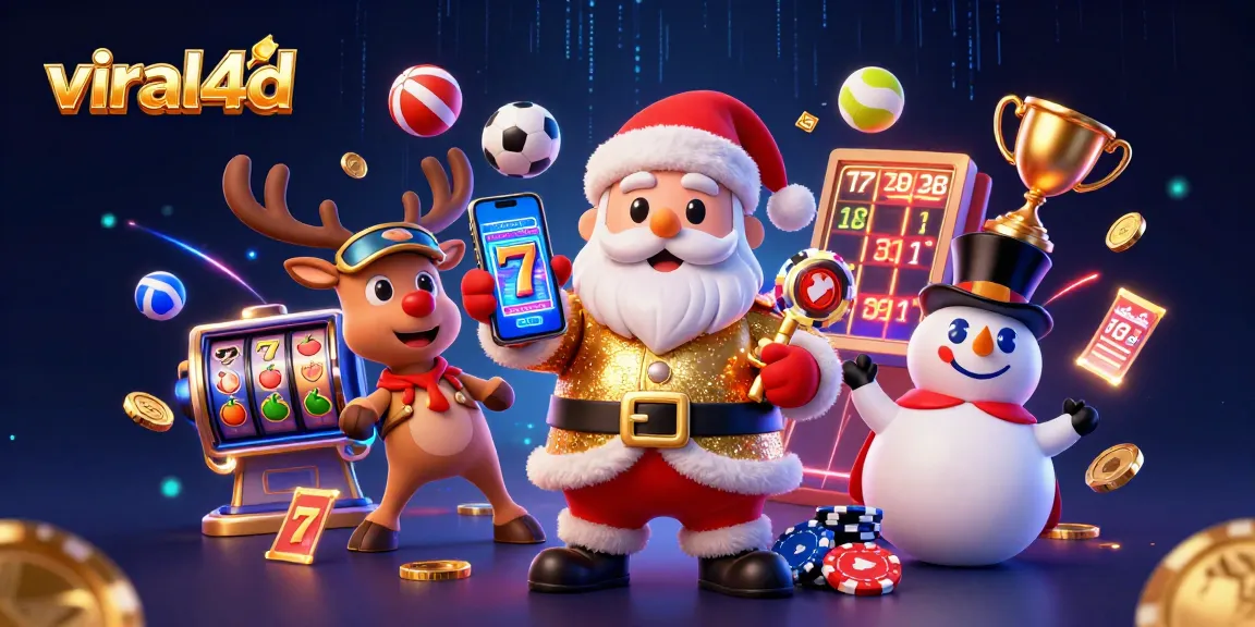 Engage with viral4d as Santa tracks slot jackpots, joined by a reindeer and poker chip snowman.